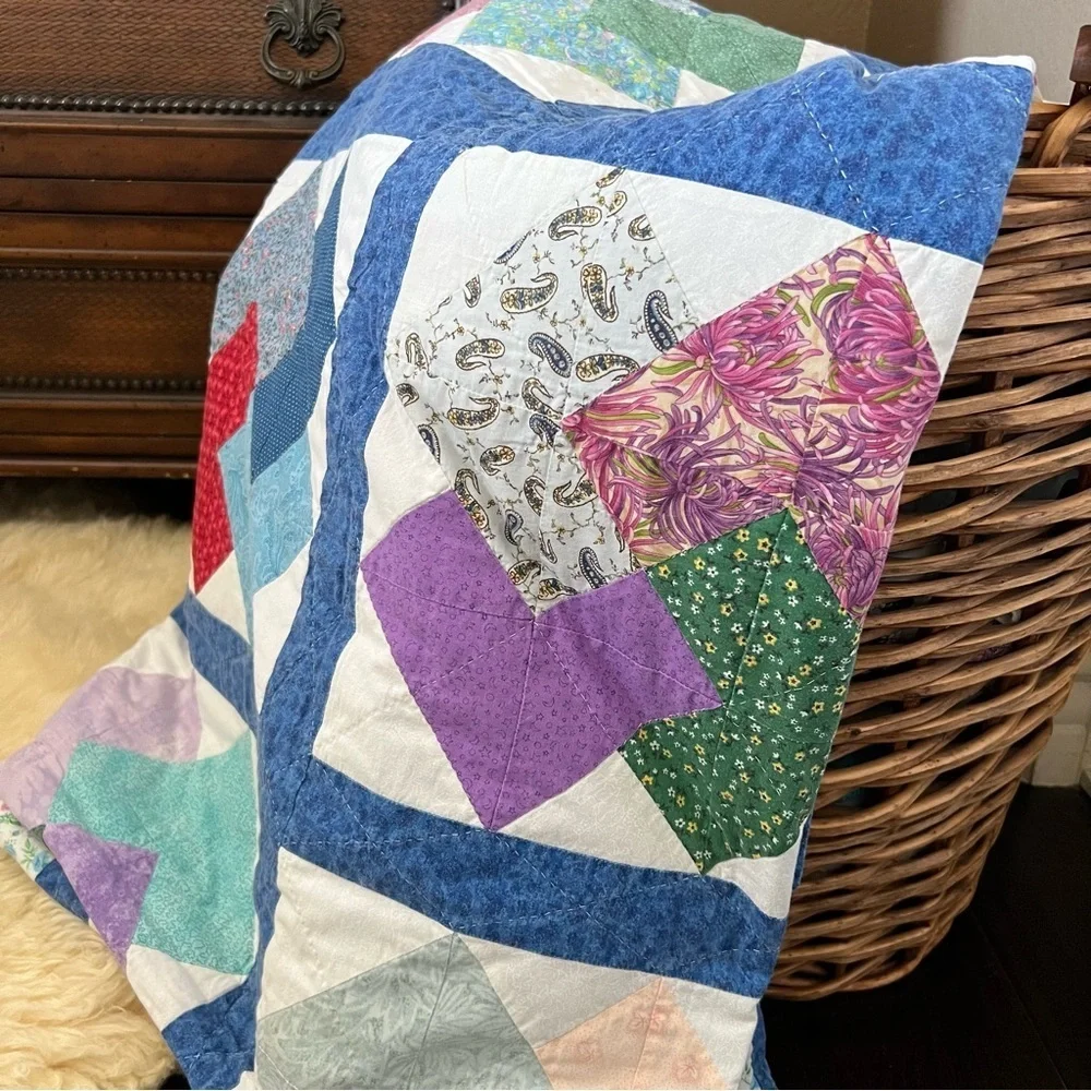 72”x88” Twin Size Handmade Patchwork Cotton Quilt. Simple Shabby Chic.